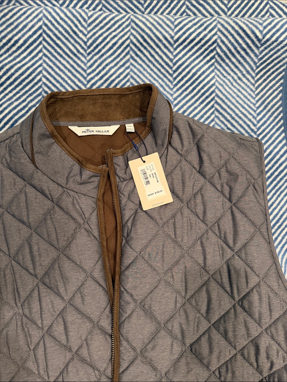 Peter Millar Quilted Gray Vest with Brown Trim